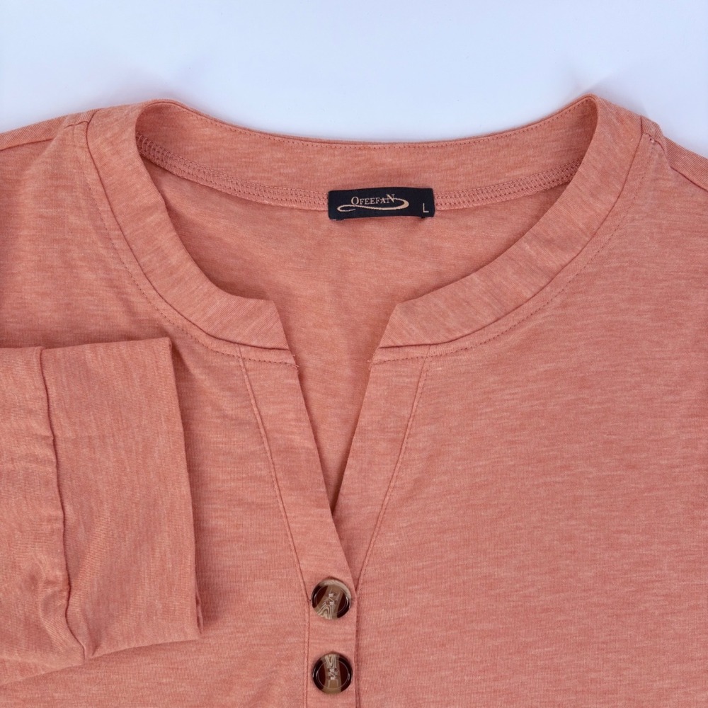 Ofeefan Womens Peach Heathered 3/4 Sleeve Henley Top Split V-Neck Size L 51010